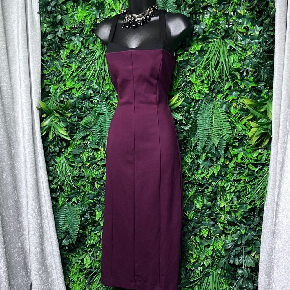 Camila Coelho Dress Small Wine Red Black Sleeveless Sweetheart Midi Sheath 3906
